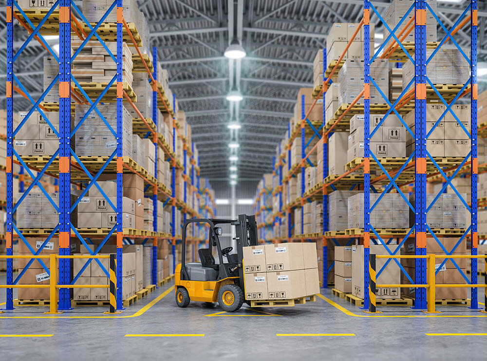 Fork lift in a warehouse of pallet racks